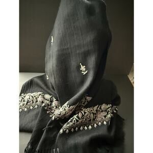 Womens Wool Blend Embroidered Scarf Wrap Black Floral Shawl Fringe Career Boho